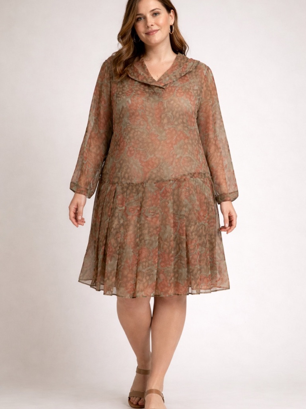 Tweeds Olive and Rust Floral Drop-Waist Long-Sleeve Dress vintage sz L fits 8-12